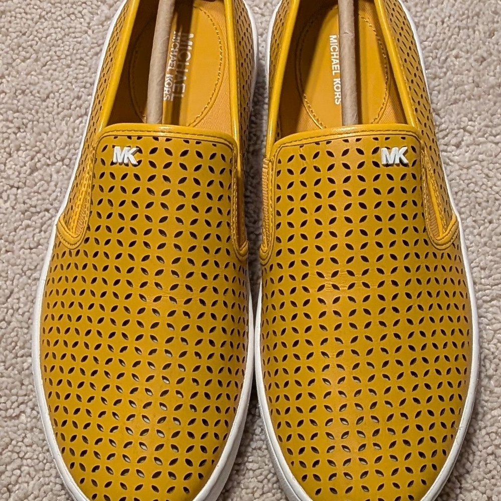 Michael Kors Keaton Yellow Perforated Leather Slip On. New Without Box